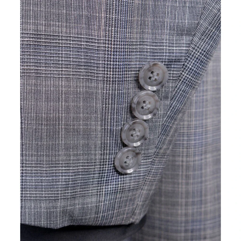 Calvin Klein 2-Pcs Plaid Gray Wool Suit Jacket Blazer 46R Pants 42X28 2-Button